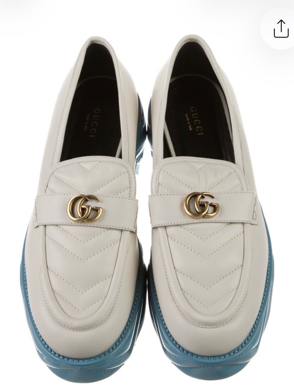 Gucci White Leather Loafers with Blue Soles and Gold GG
